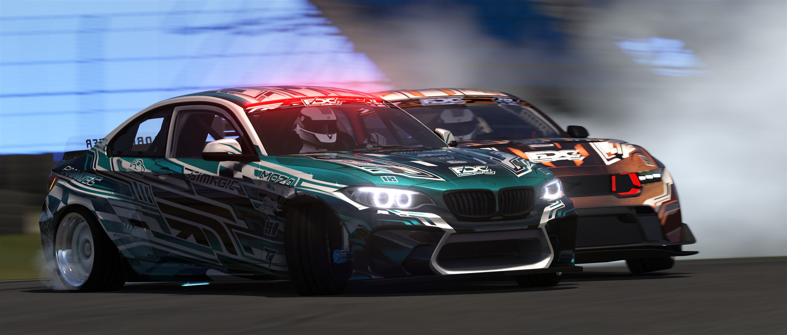 Two Finnreactor cars drifting door to door, headlights on, tyre smoke behind them